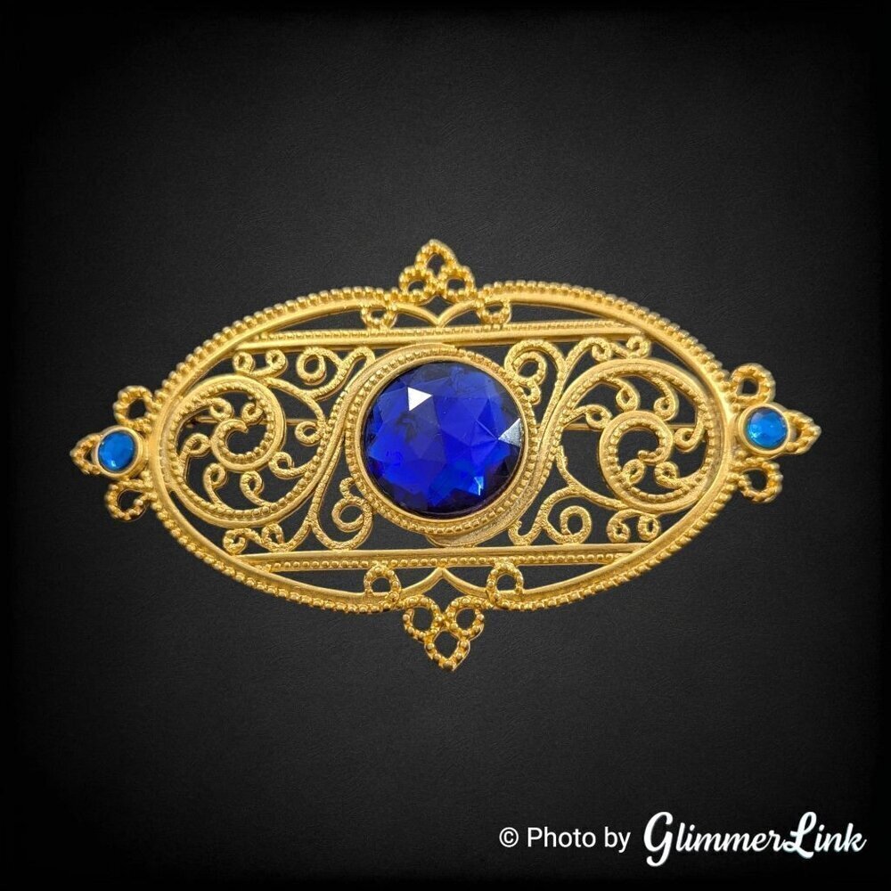 VTG Jonette Jewelry JJ Oval Filigree Blue Stone Edwardian Style Gold Tone Brooch